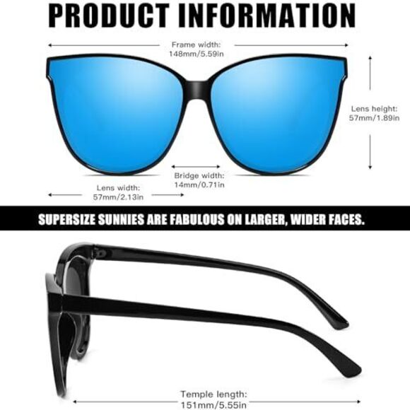 POLARIZED SUNGLASSES FOR WOMEN UV400 PROTECTION OVERSIZED CAT EYE FRAME RETRO - Picture 4 of 4